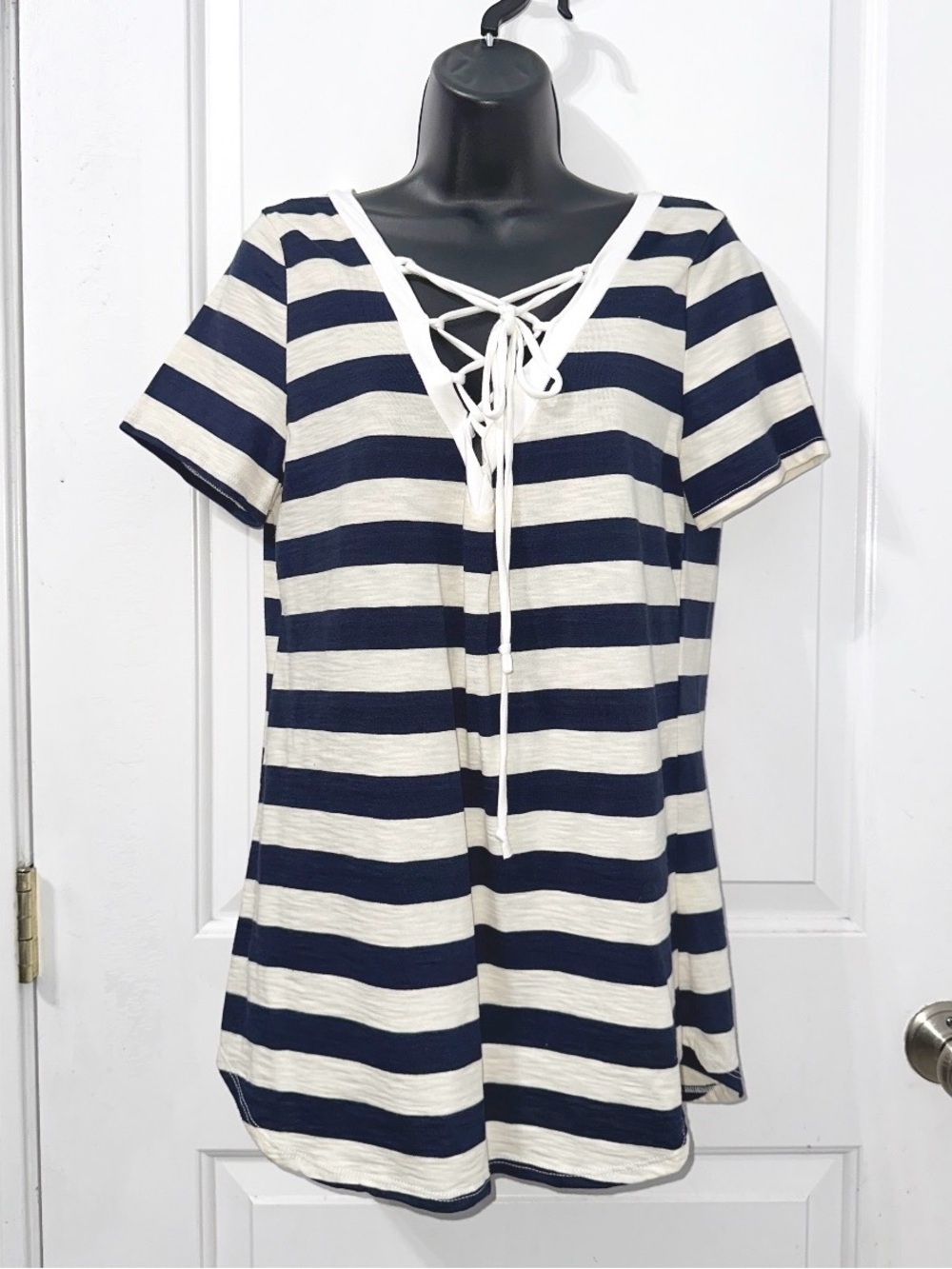 Promesa navy and white striped lace-up t-shirt size Large